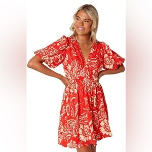 Anthropologie Abel The Label Floral Puff Sleeve Mini Dress Medium Red White Pink